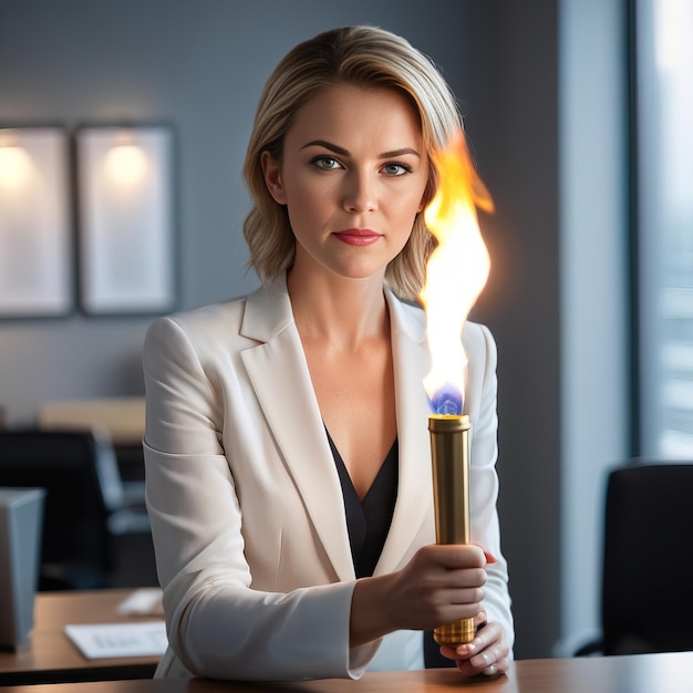 businesswoman holding torchin office