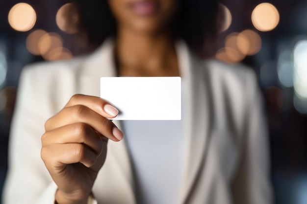 Photo businesswoman holding white card space to write business concept generative ai