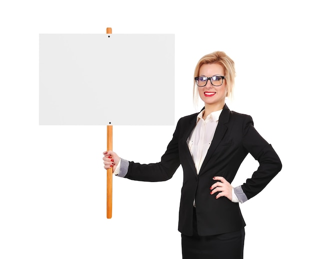 Businesswoman holding whiteboard