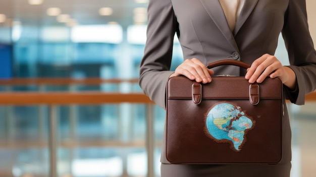 Businesswoman holding world globe and briefcase