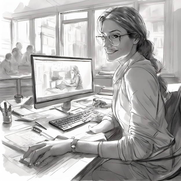 Photo businesswoman illustration working at a desk