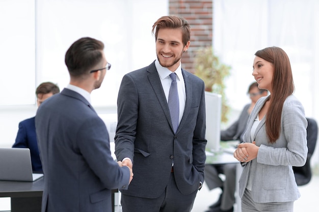 Businesswoman introduce businessman for working at office