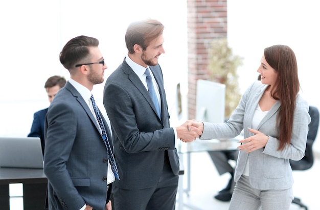 Businesswoman introduce businessman for working at office