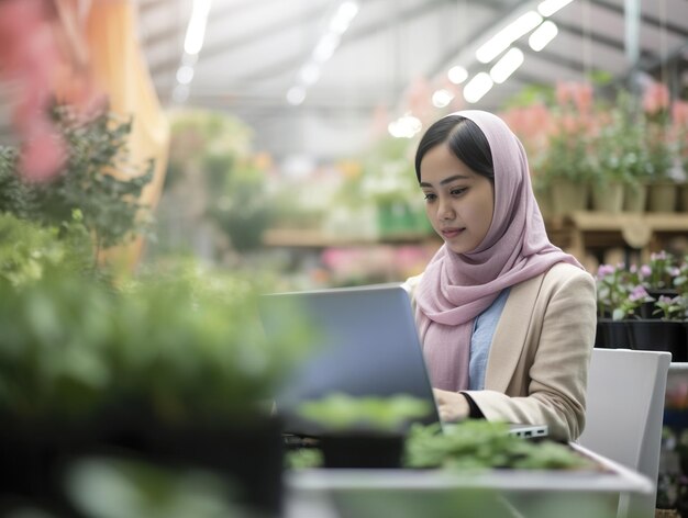 鉢植えの植物店で働くビジネスウーマンのラップトップ ジェネレーティブ AI