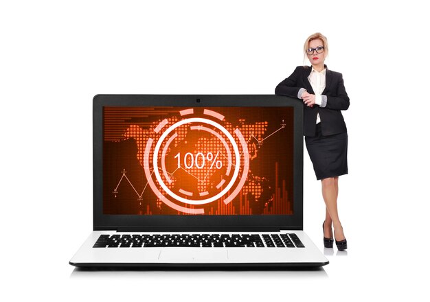 Businesswoman leaned on a big laptop with percentage charts