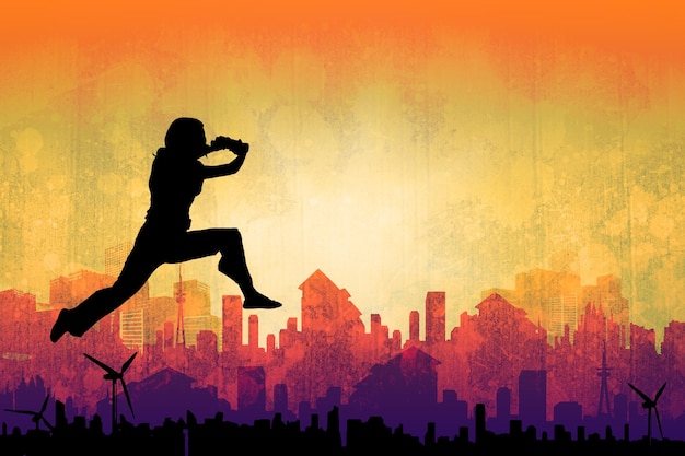 Фото Деловая женщина прыгает против художественного дизайна городского пейзажа