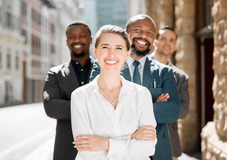 Foto businesswoman leider en portret in de stad voor diversiteit inclusie en over ons bij gebouwen glimlachen mensen of zelfverzekerd op de stoep met team professionele of juridische expertise voor stedelijke arbitrage