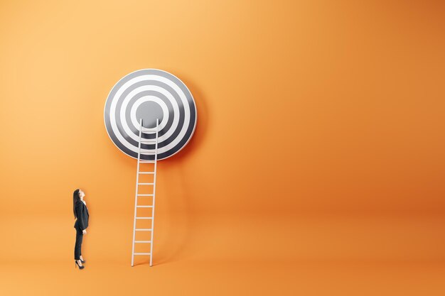 Businesswoman looking at abstract ladder leading to bulls eye target on orange wall background with mock up place Targeting career and aim concept 3D Rendering