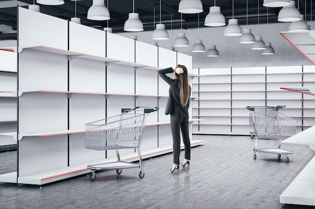 Photo businesswoman looking on empty retail shelves