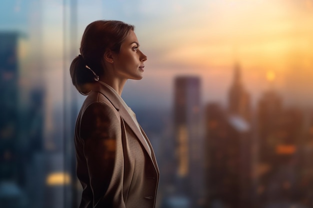 Foto donna d'affari che guarda lo skyline della città con l'ai generativa