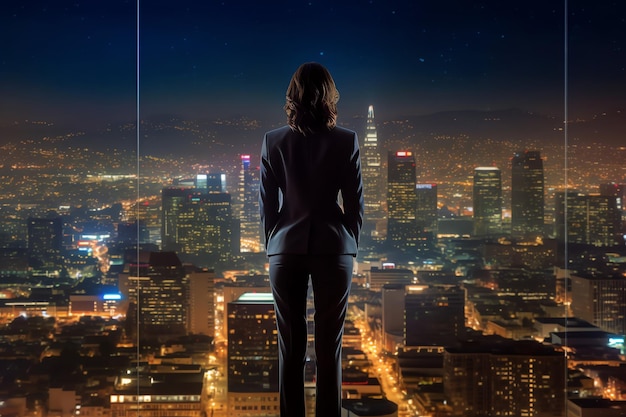 A businesswoman looking out over a sprawling cityscape