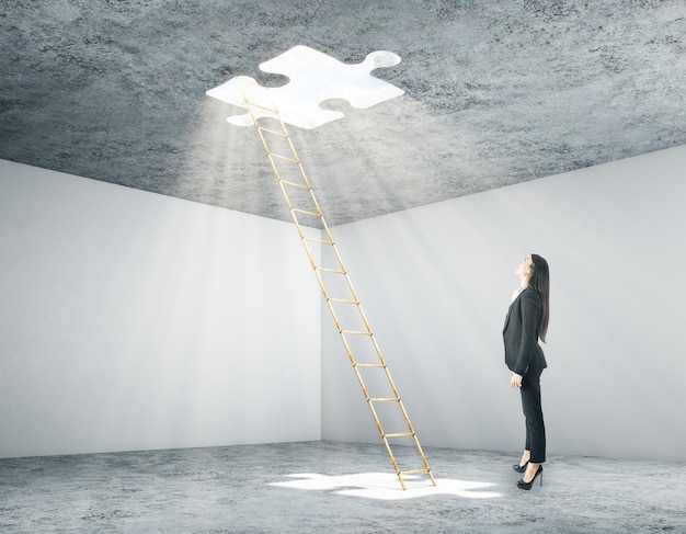 Businesswoman looking on window in form puzzle