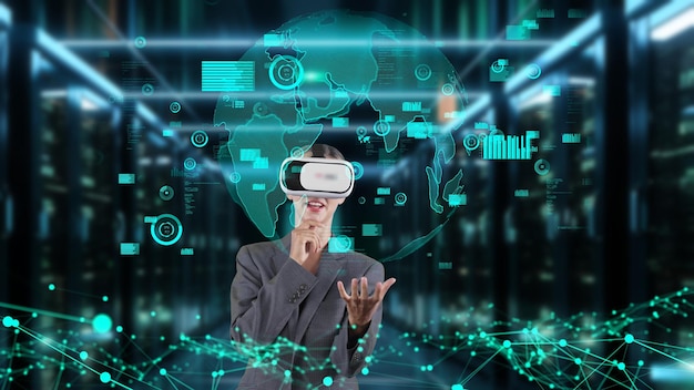 businesswoman making zoom with world market graph monitor by vr contraption