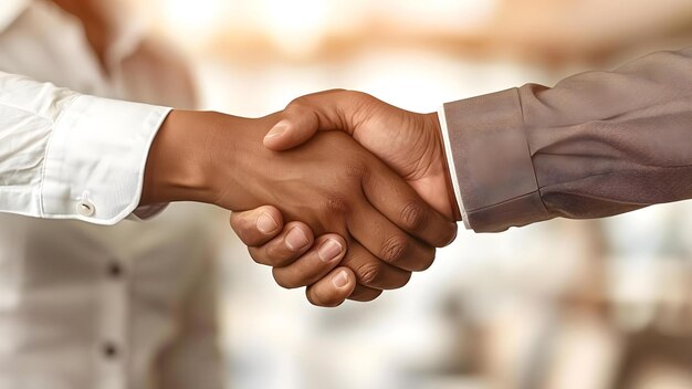 Photo businesswoman and man shaking hands in office closeup view wid concept business handshake office partnership professionalism