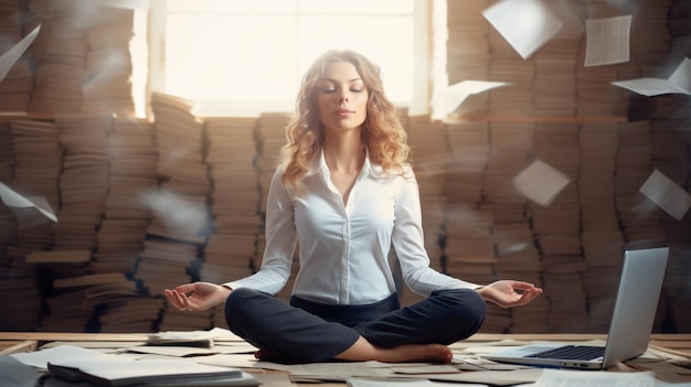 写真 背後にあるフォルダと紙のラップトップの前で彼女のオフィスで瞑想しているビジネスウーマン
