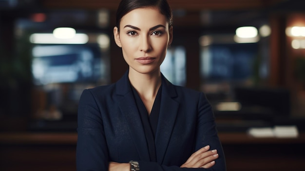 Businesswoman in a modern office setting standing with her arms crossed Generative AI image