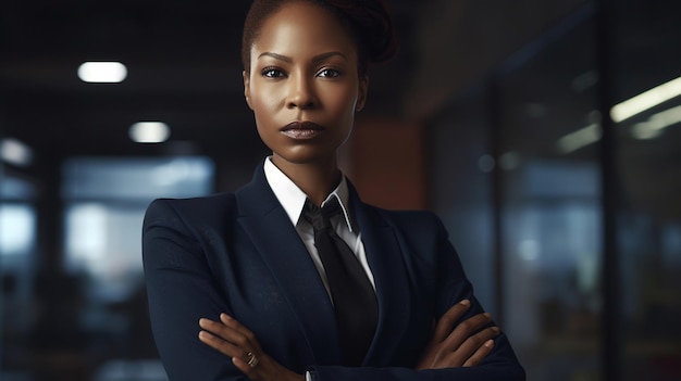 Businesswoman in a modern office setting standing with her arms crossed Generative AI image