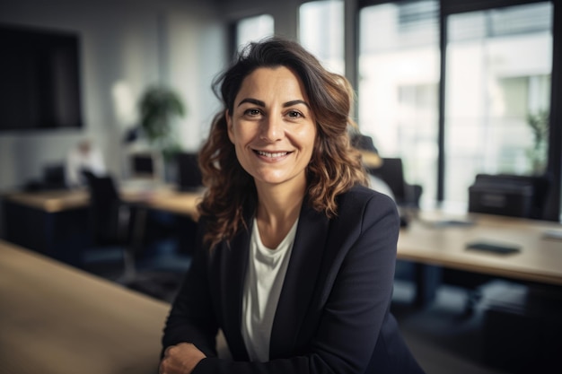 Businesswoman in a modern office sitting at her desk and smiling at the camera