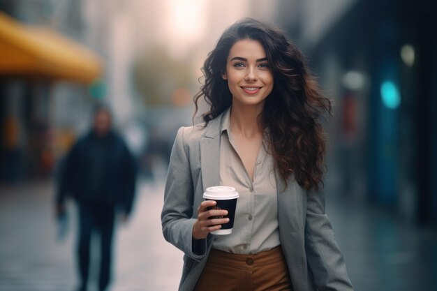 Photo businesswoman near a business center with a glass of coffee in her hands