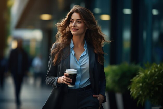 Donna d'affari vicino a un centro commerciale con un bicchiere di caffè nelle mani