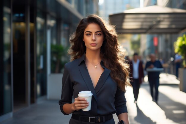 Photo businesswoman near a business center with a glass of coffee in her hands