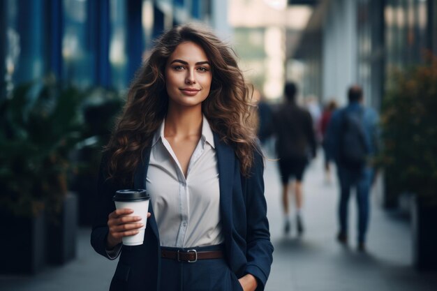 Foto donna d'affari vicino a un centro commerciale con un bicchiere di caffè nelle mani