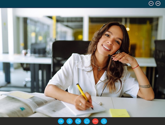 Businesswoman participate at virtual distant negotiations with colleagues via teleconference