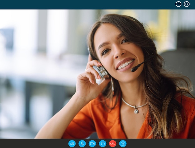 Photo businesswoman participate at virtual distant negotiations with colleagues via teleconference