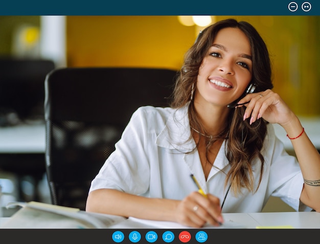 Photo businesswoman participate at virtual distant negotiations with colleagues via teleconference