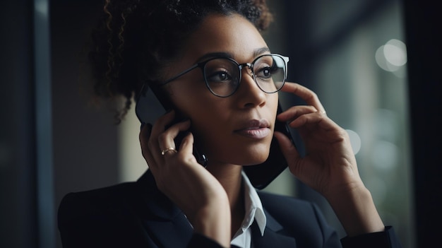 A businesswoman on the phone speaking with a client or colleague Generative AI image