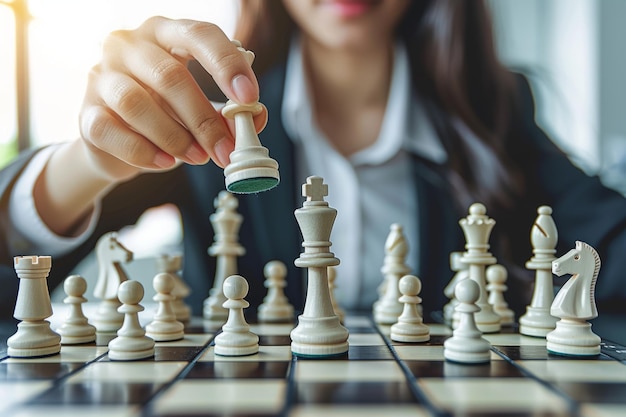 Photo businesswoman planning strategy advancement chess play checkmate opponent fair strategy competition