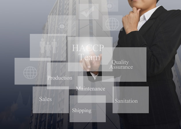 Businesswoman pointing element of HACCP team .