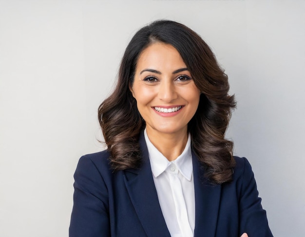 businesswoman portrait of beautiful young smiling woman curly brunette business on white background