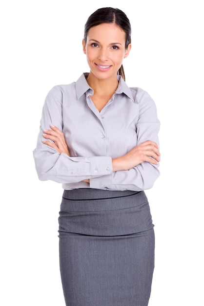 Businesswoman portrait and smile with confidence as lawyer or professional corporate or white background Female person face and arms crossed or mockup in studio for Canada law firm or startup