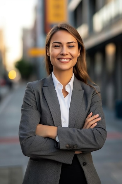 Photo businesswoman posing in the city with arms crossed