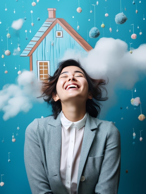 Photo businesswoman posing in front of blue wall in suit