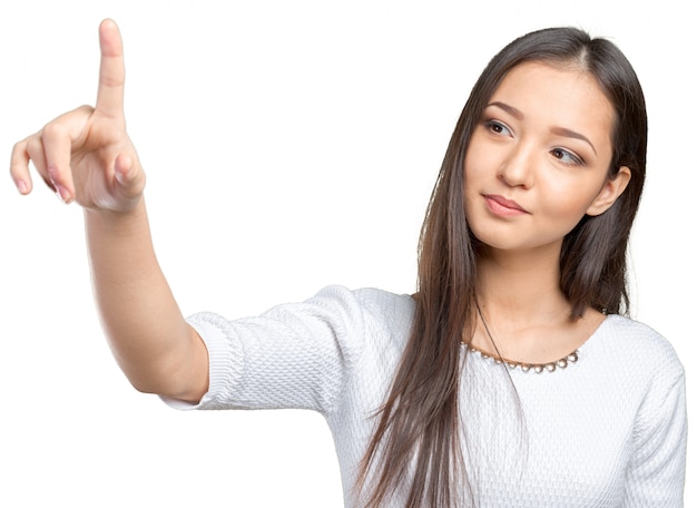 Businesswoman pressing button on visual screen