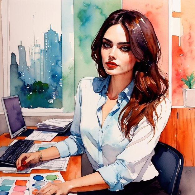 Foto imprenditrice professionista in illustrazione ad acquerello in ufficio