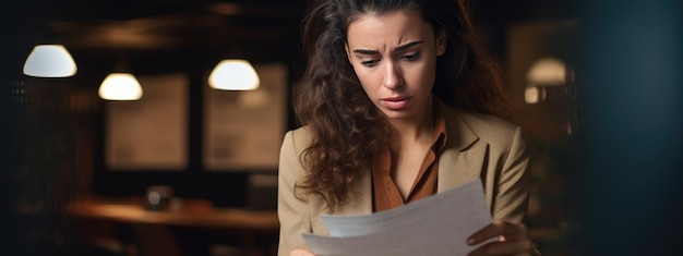 Photo businesswoman reads a contract in her office frustrated businesswoman reads a notice of dismissal