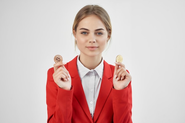 Businesswoman Red jacket virtual money economy isolated background High quality photo