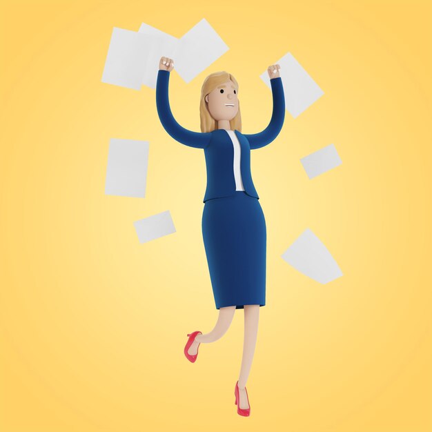 The businesswoman rejoices at her success. 3D illustration in cartoon style.