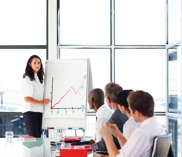 Businesswoman reporting sales figures to her team