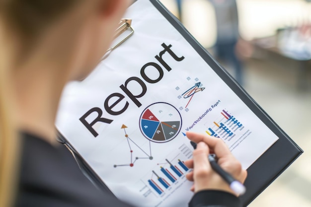 Businesswoman Reviewing Financial Report at Busy Train Station During Rush Hour