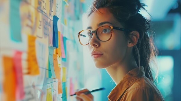 Businesswoman reviews board notes and analyzes data