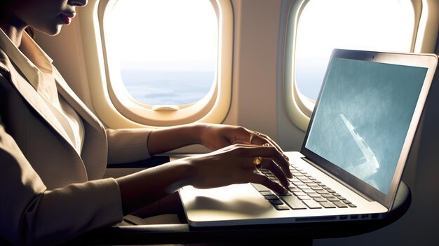 Businesswoman's hands on her laptop during flight