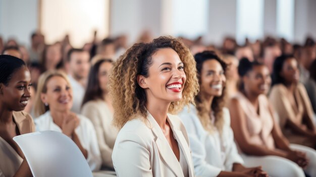 Foto donna d'affari selezionata al centro dell'attenzione nella sala conferenze