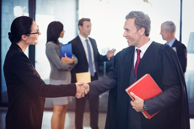 Businesswoman shaking hands with lawyer