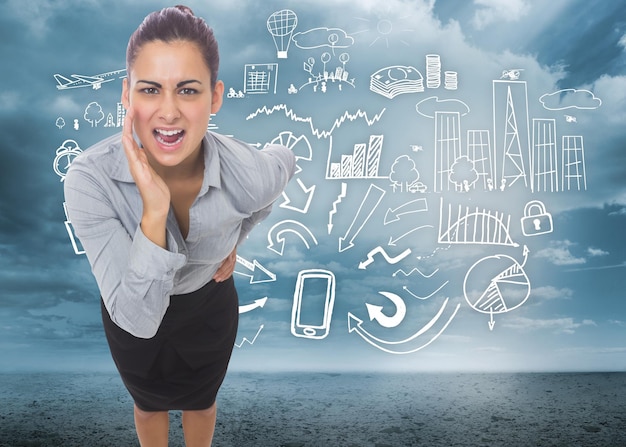 Businesswoman shouting against brainstorm on desert landscape