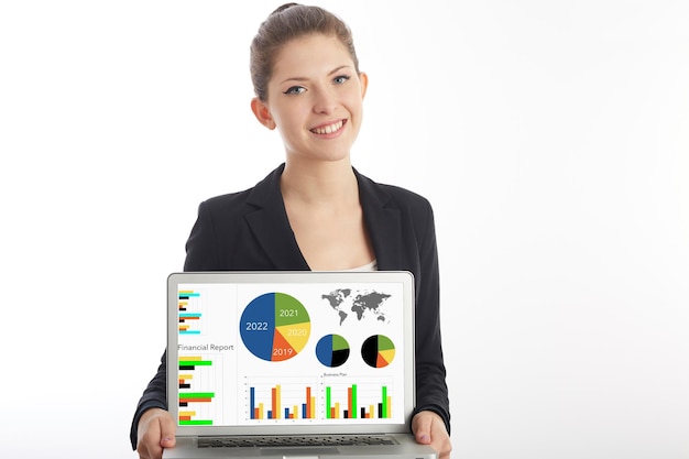 Businesswoman show financial report on laptop in office