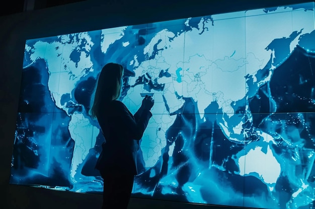 Foto donna d'affari che mostra la mappa globale su uno schermo futuristico